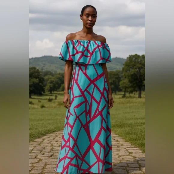 Geometric Pink and Blue Maxi Dress - Picture 1 of 4